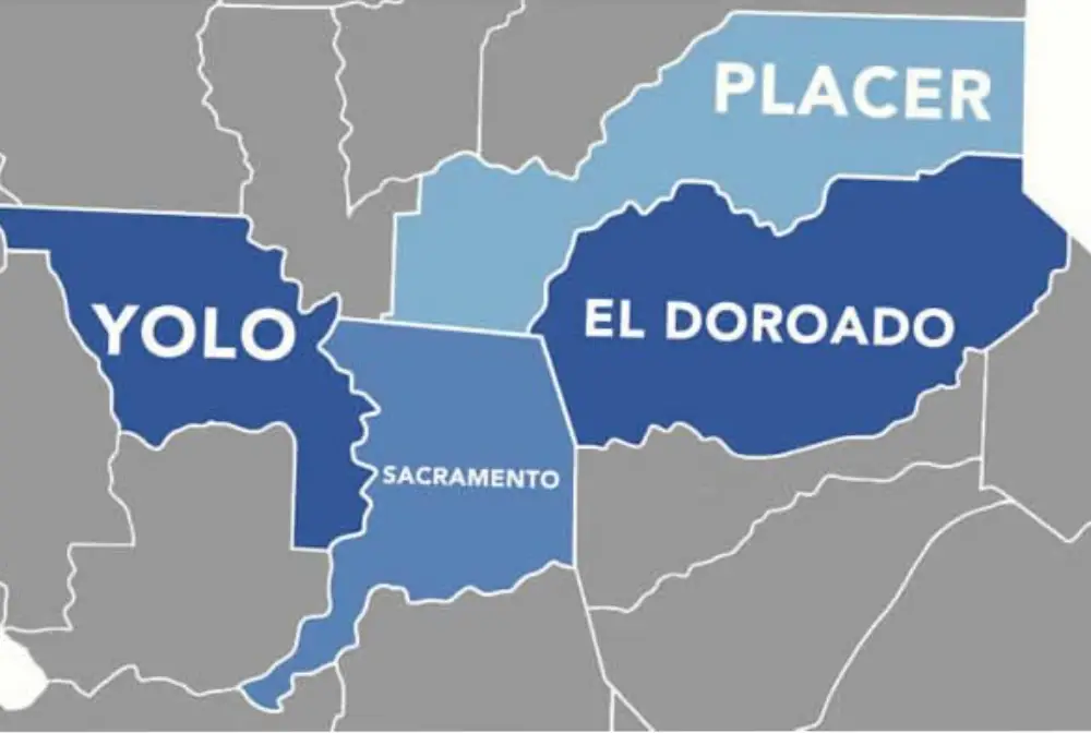 Sacramento, Placer, El Dorado, and Yolo map