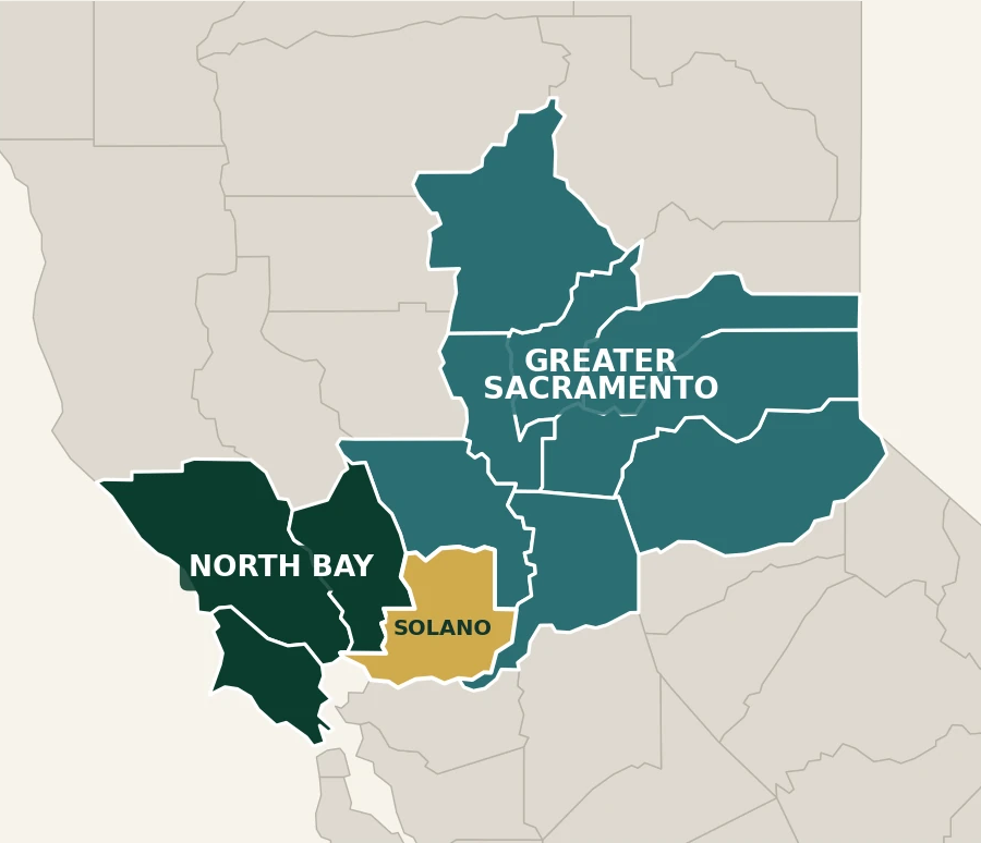 Map showing Odyssey Home Inspection coverage across Greater Sacramento and the North Bay