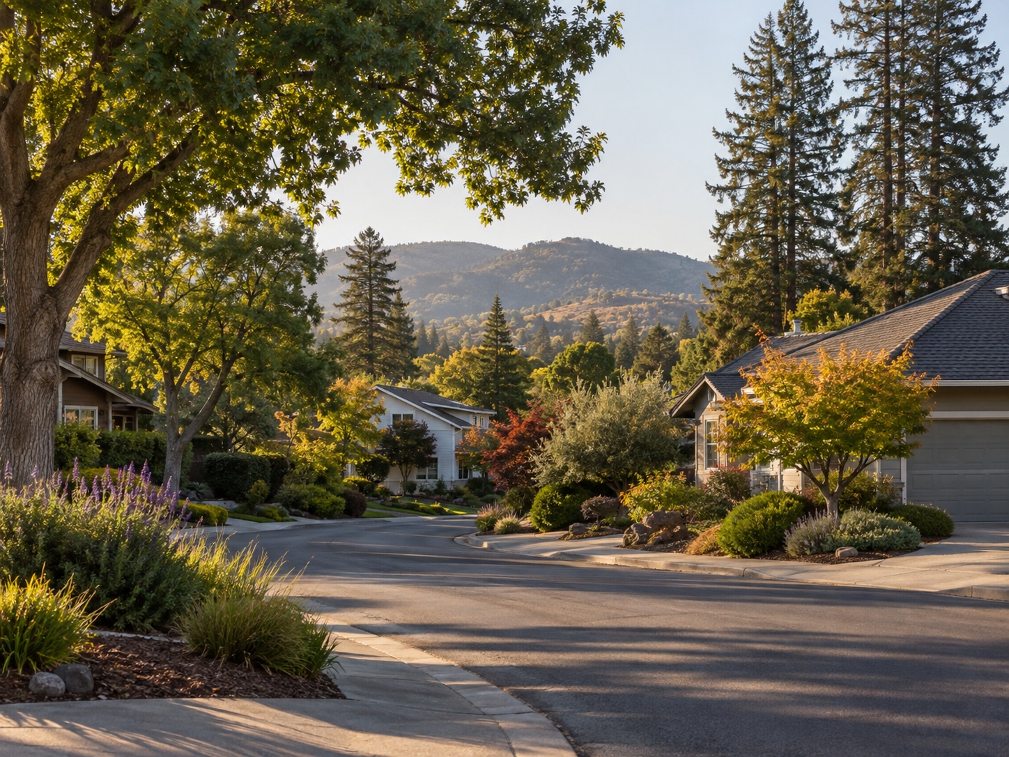Established homes with mature landscaping and hills in Santa Rosa, California