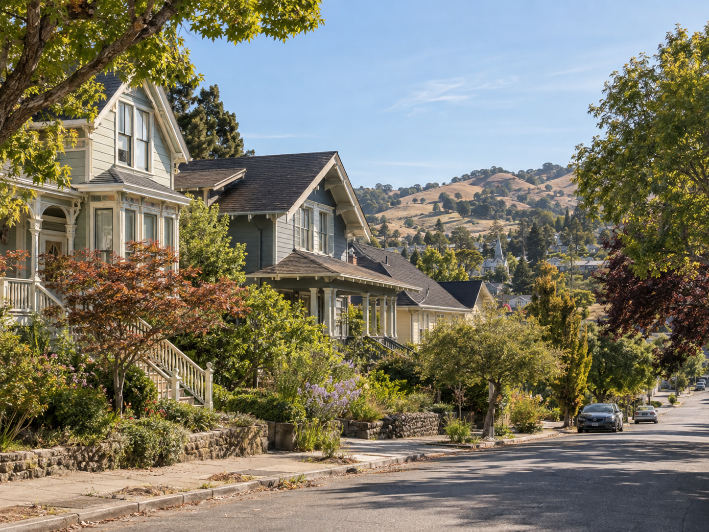 Homes, mature oak trees, and vineyard hills in Sonoma, California