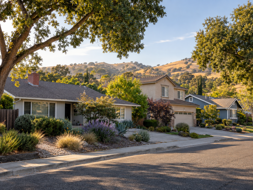 Established Solano County homes with mature landscaping and rolling golden hills in the background