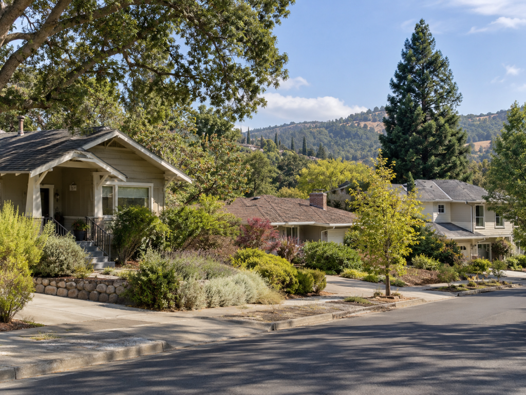 Established homes and mature landscaping in a Sonoma County neighborhood